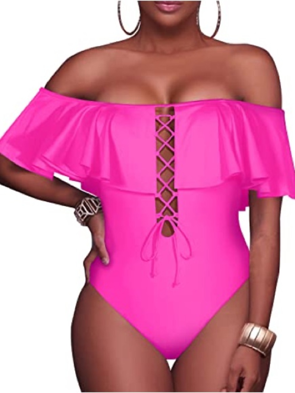 Removable Strap Women Sexy One Piece Swimwear-Neon Pink